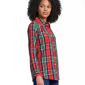 Lands' End No Iron Red Tartan Plaid Long Sleeve Button Up Shirt Women 16 Holiday